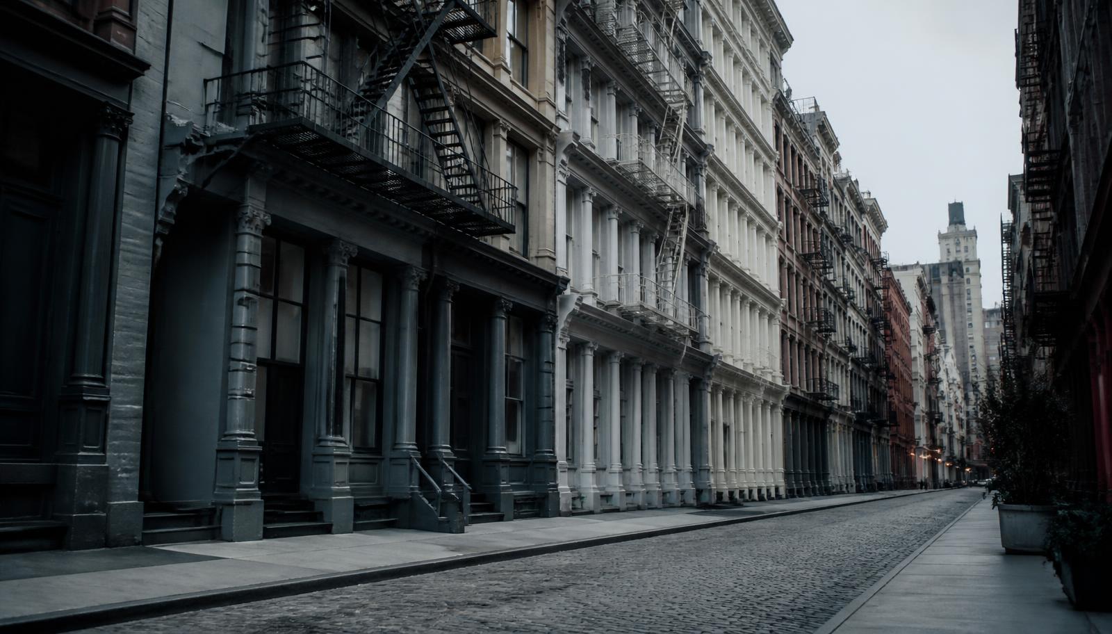 Cast-iron building facades on a quiet cobblestone SoHo street in Lower Manhattan